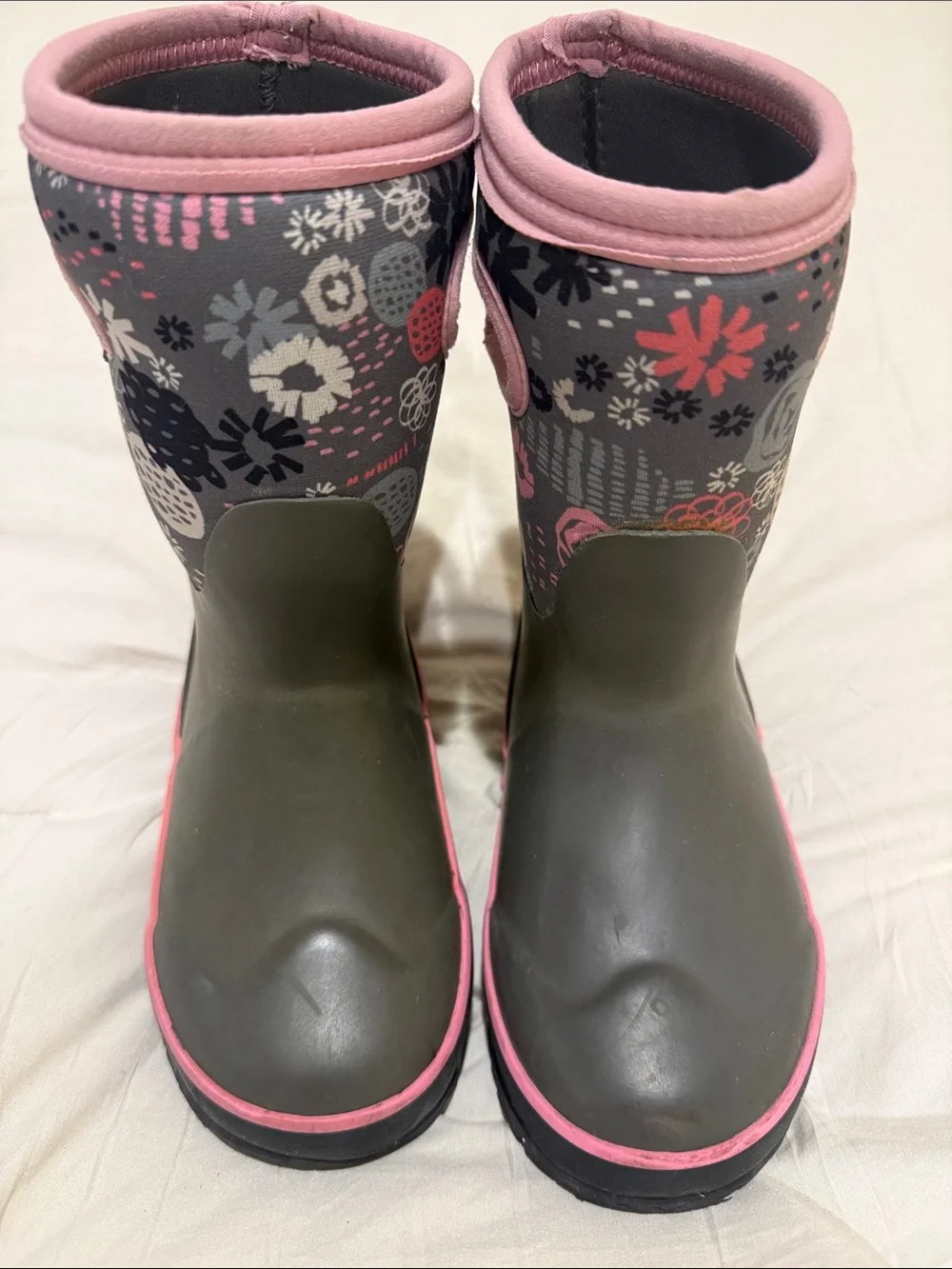 Bogs Kids Olive Green Rain Boots with Pink Trim & Floral Cuff